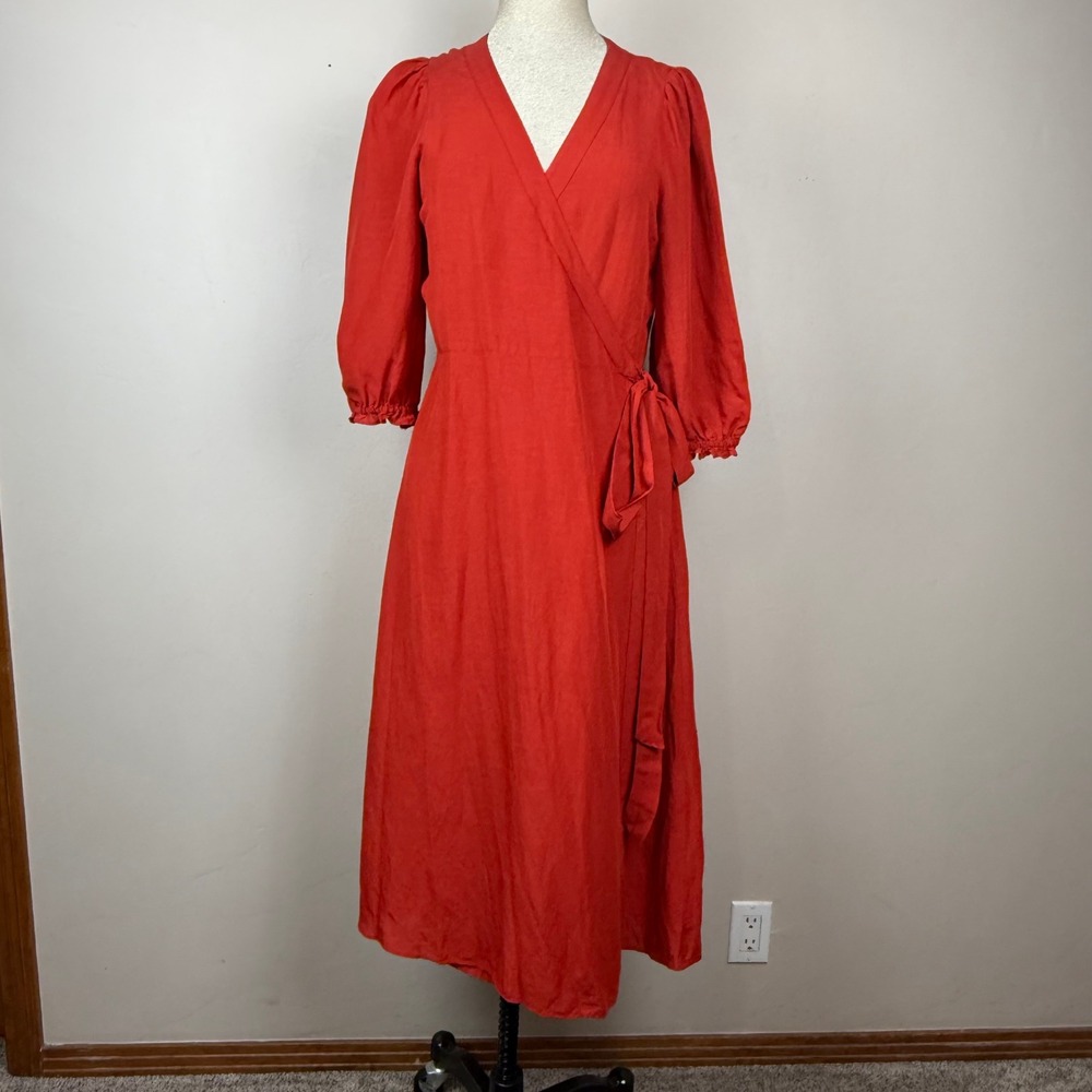 Madewell Wrap Dress Womens M Red Linen Blend Cottage Boho Midi Romantic READ